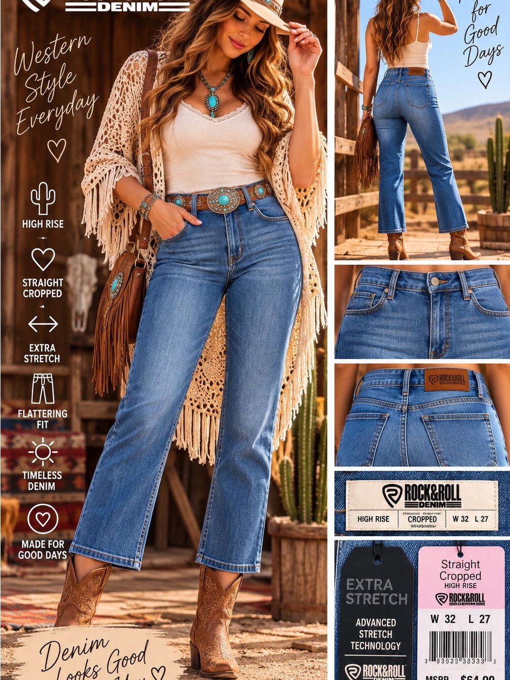 Rock & Roll Denim High Rise Straight Cropped Jeans | 32x27 | NWT